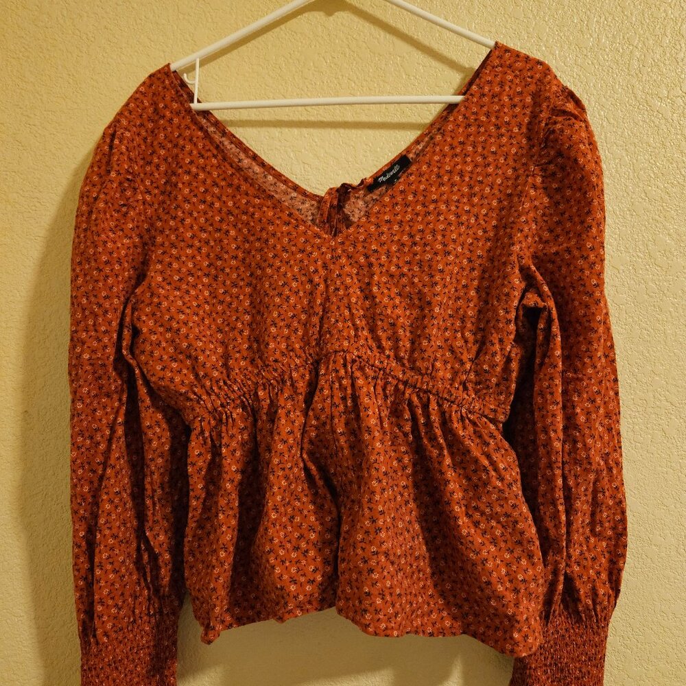 Madewell orange Tie-Back Peplum floral blouse top (